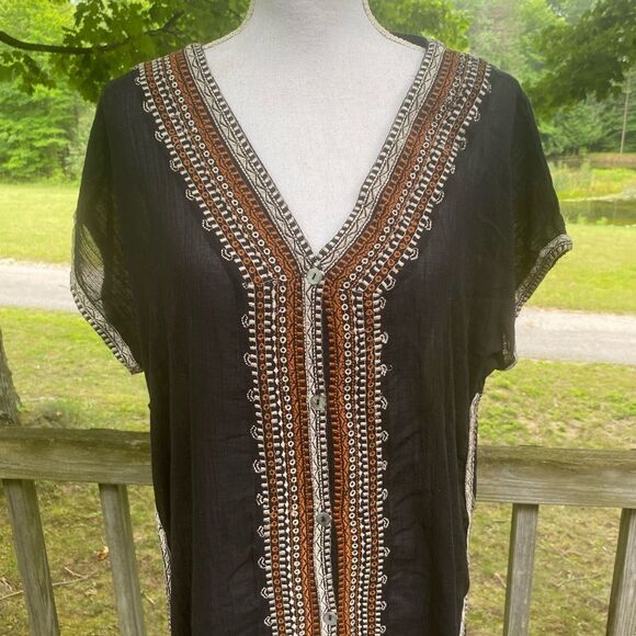 Garnet Hill Womens Black Orange Embroidered V-neck Caftan Medium - Picture 3 of 7